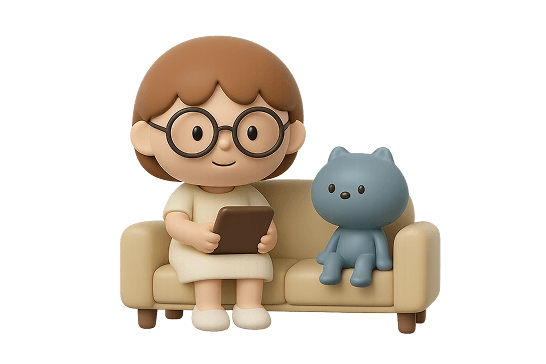 Character sitting on a sofa with a cat